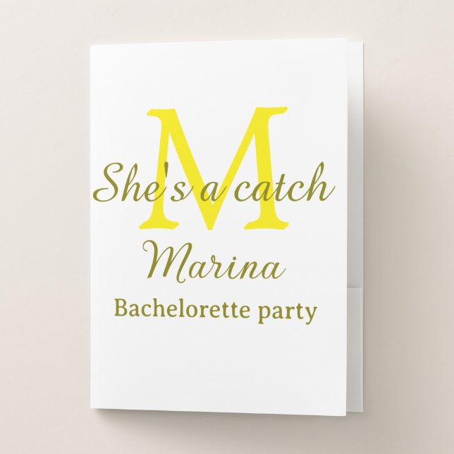 She's a catch yellow monogram bachelorette party n pocket folder (Front)