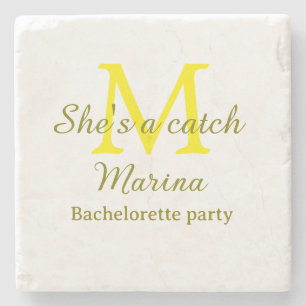 She's a catch yellow monogram bachelorette party n stone coaster