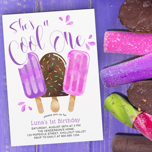 Shes a Cool One Girls Popsicle First Birthday Invitation