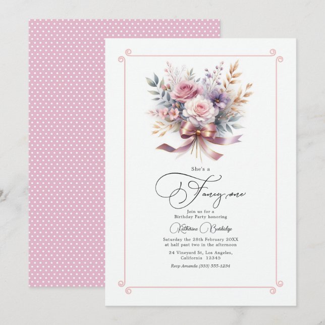"She's a Fancy One" Bow Floral 1st Birthday Party Invitation (Front/Back)