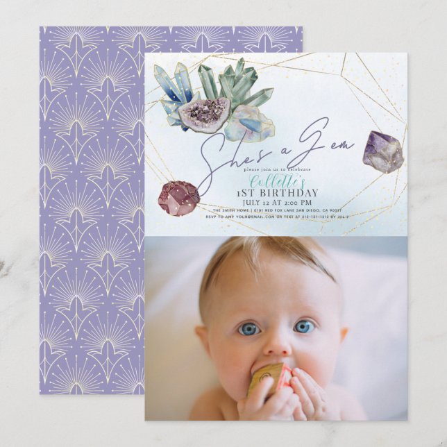 She's a Gem Crystals Gemstone Geology 1st Birthday Invitation (Front/Back)