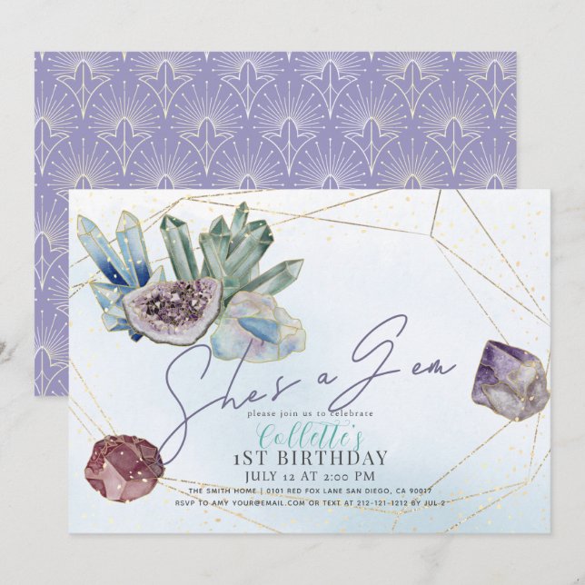 She's a Gem Crystals Gemstone Geology 1st Birthday Invitation (Front/Back)