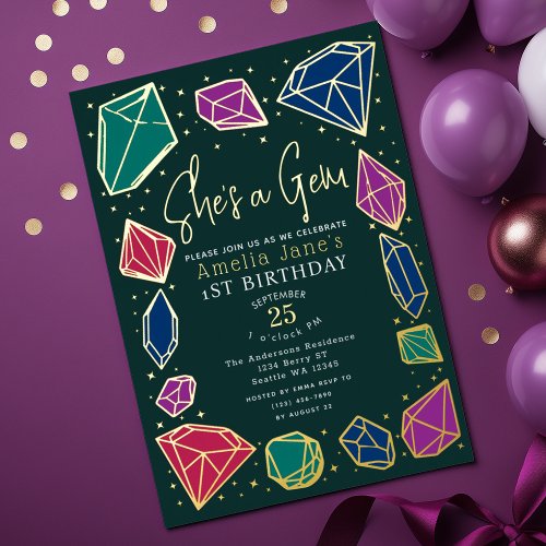 Shes a Gem Crystals Gemstone Geology Kid Birthday Foil Invitation