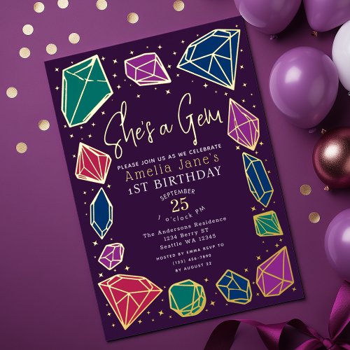 Shes a Gem Crystals Gemstone Geology Kid Birthday Foil Invitation