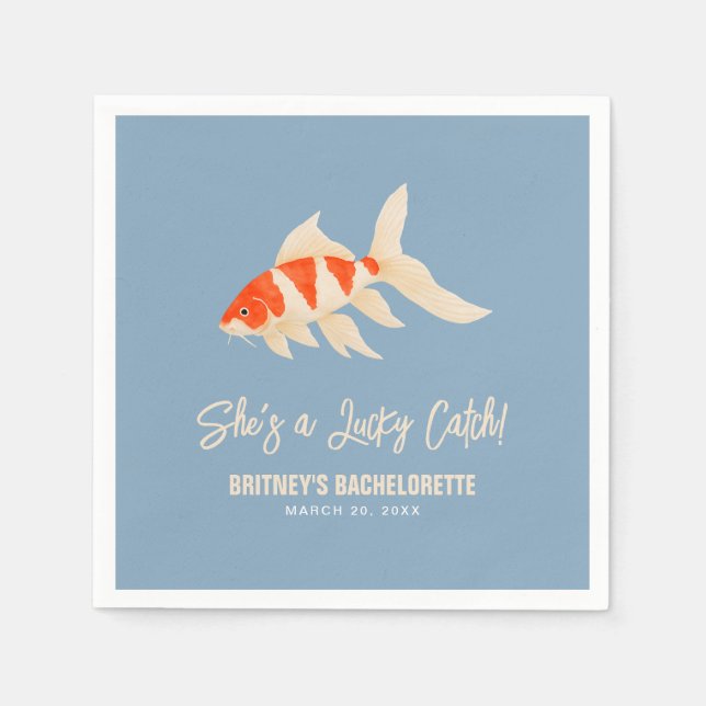 She's A Lucky Catch Koi Fish Blue Bachelorette Napkins (Front)