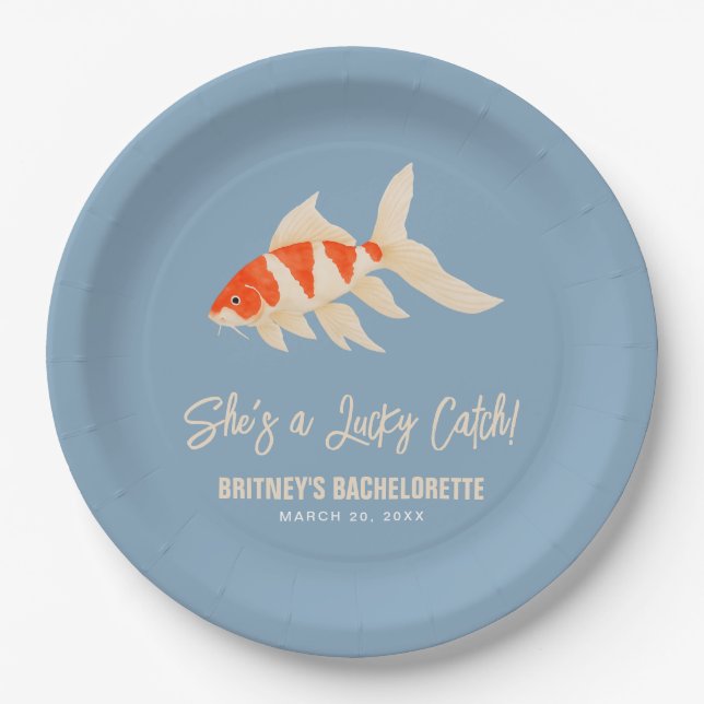 She's A Lucky Catch Koi Fish Blue Bachelorette Paper Plates (Front)