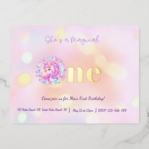 Shes a Magical One Unicorn Pastel First Birthday Foil Invitation Postcard