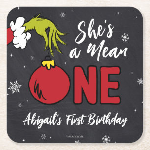 She's a Mean One Grinch Birthday Square Paper Coaster