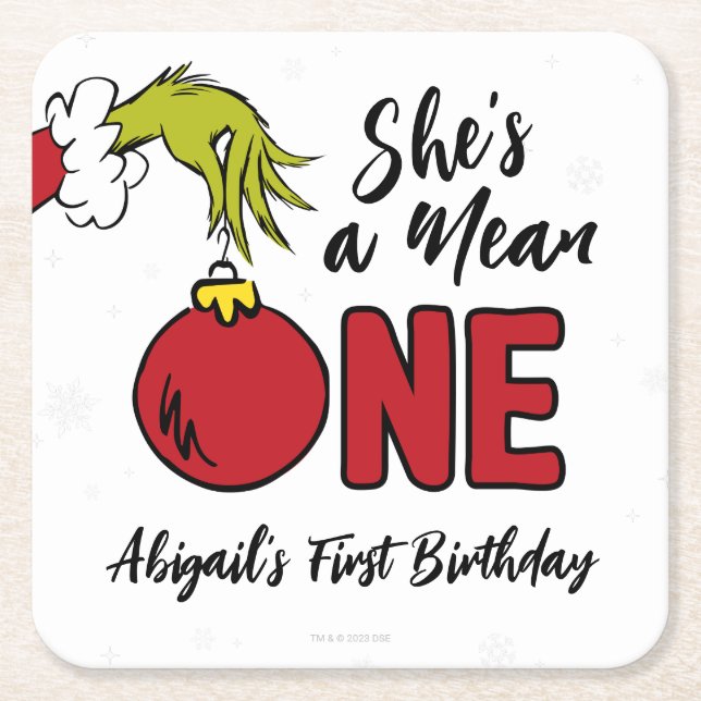 She's a Mean One | Grinch Birthday Square Paper Coaster (Front)