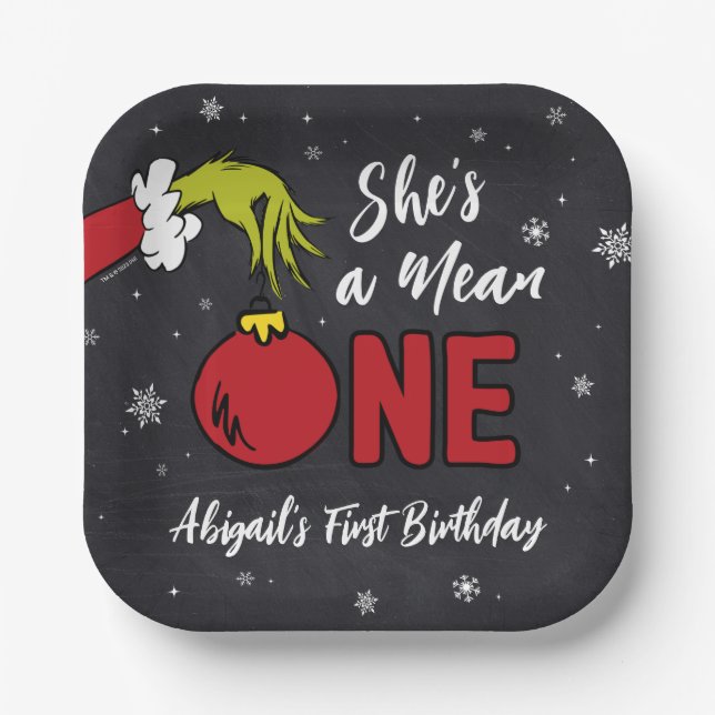She's a Mean One | Grinch Chalkboard Birthday Paper Plates (Front)