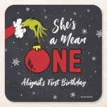 She's a Mean One | Grinch Chalkboard Birthday Square Paper Coaster<br><div class="desc">Personalize this cute Dr. Seuss Grinch chalkboard napkin for your child's birthday.</div>