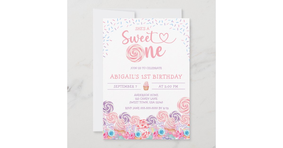 SHE'S A SWEET ONE CANDY 1ST BIRTHDAY INVITATION | Zazzle