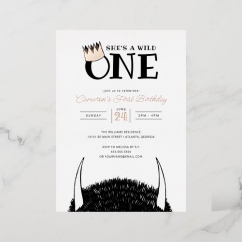 Shes a Wild One _ 1st Birthday Gold Crown Foil  Foil Invitation