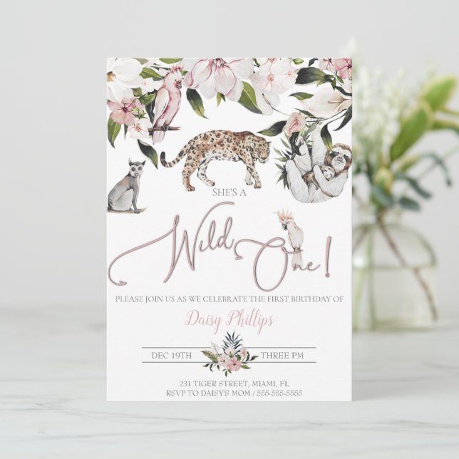 She's a Wild One Jungle Safari Birthday Invitation (Standing Front)
