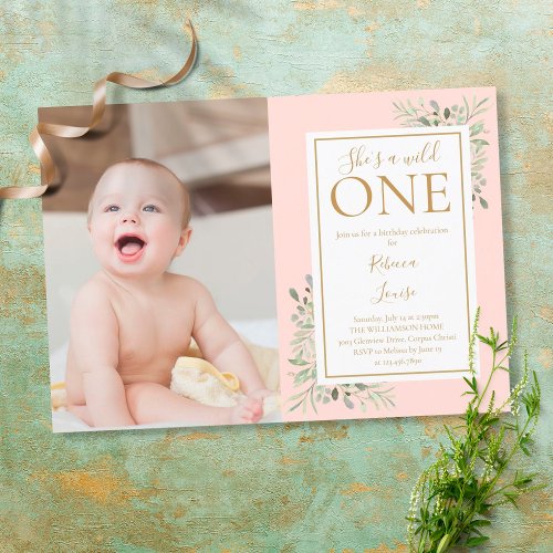 Shes A Wild One Pink 1st Birthday Greenery Photo Invitation