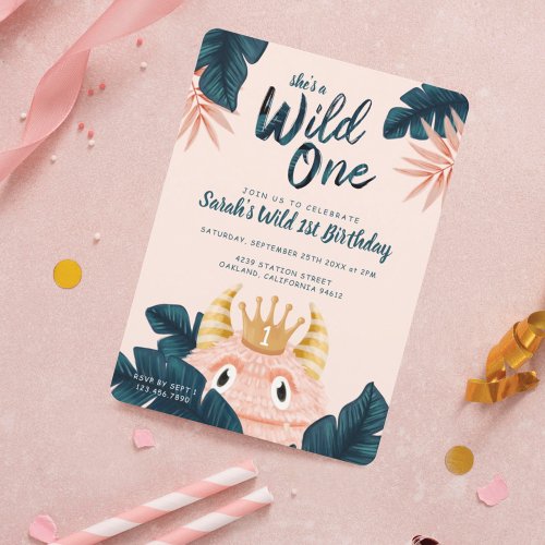Shes a Wild One Pink Monster  Tropical Jungle Invitation