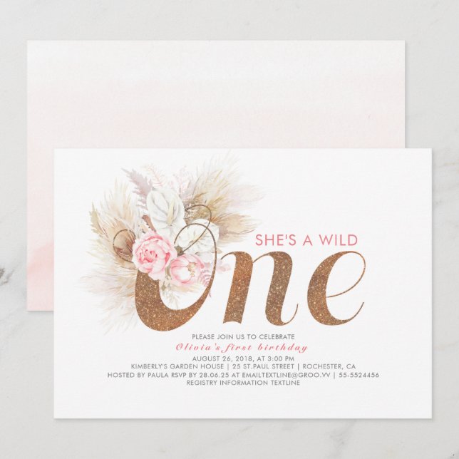 She's a Wild One - Pink Pampas Grass 1st Birthday Invitation (Front/Back)