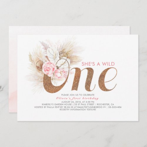 Shes a Wild One _ Pink Pampas Grass 1st Birthday Invitation