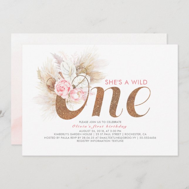 She's a Wild One - Pink Pampas Grass 1st Birthday Invitation (Front/Back)