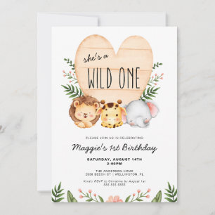 She's A Wild One Safari Animals 1st Birthday Invitation
