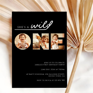 She's a Wild One Sleek Black 1st Birthday Invitation