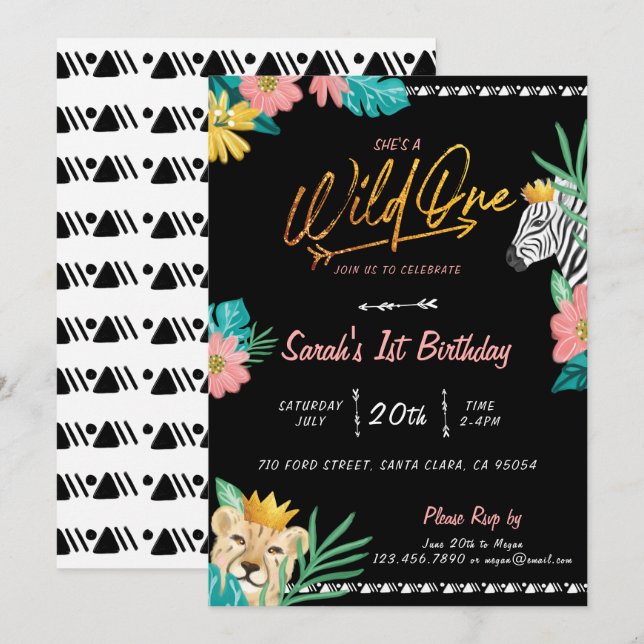 She's A Wild One Tropical Jungle Tribal Birthday Invitation (Front/Back)
