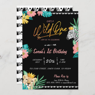 She's A Wild One Tropical Jungle Tribal Birthday Invitation