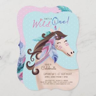 She's A Wild One Wild Tribal Watercolor Unicorn Invitation