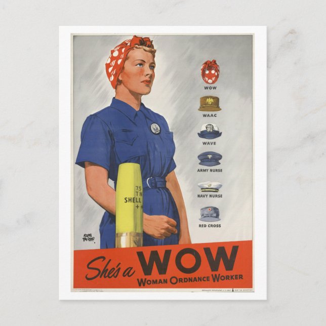 "She's a WOW" Woman Ordnance Worker WWII Postcard (Front)