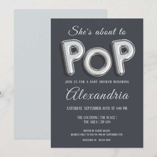 Shes About To Pop (silver) Baby Shower Unisex Invitation (Front/Back)