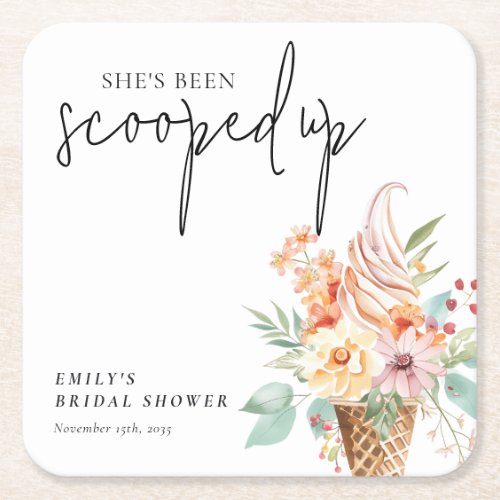 Shes Been Scooped Up Bridal Shower Square Paper Coaster