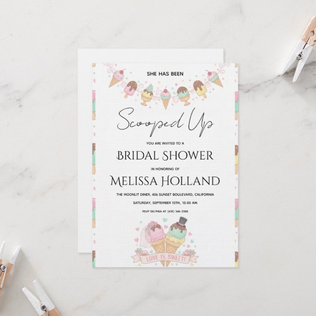 She's Been Scooped Up Ice Cream Bridal Shower Invitation (Front/Back In Situ)