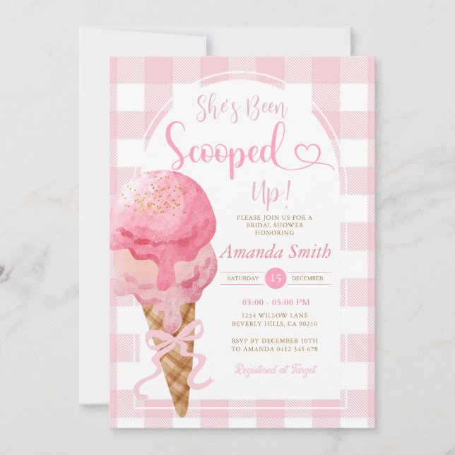 She's been Scooped Up Ice Cream Gingham Invitation (Front)
