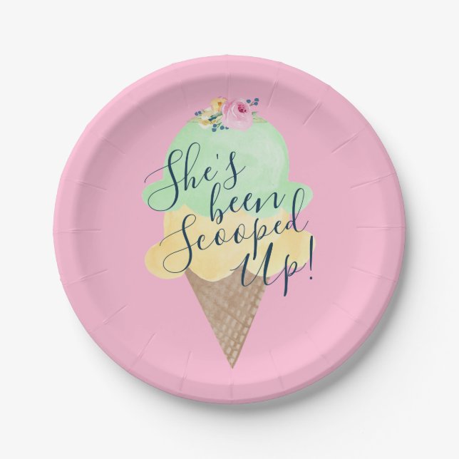 She's Been Scooped Up Ice Cream Pink Paper Plates (Front)