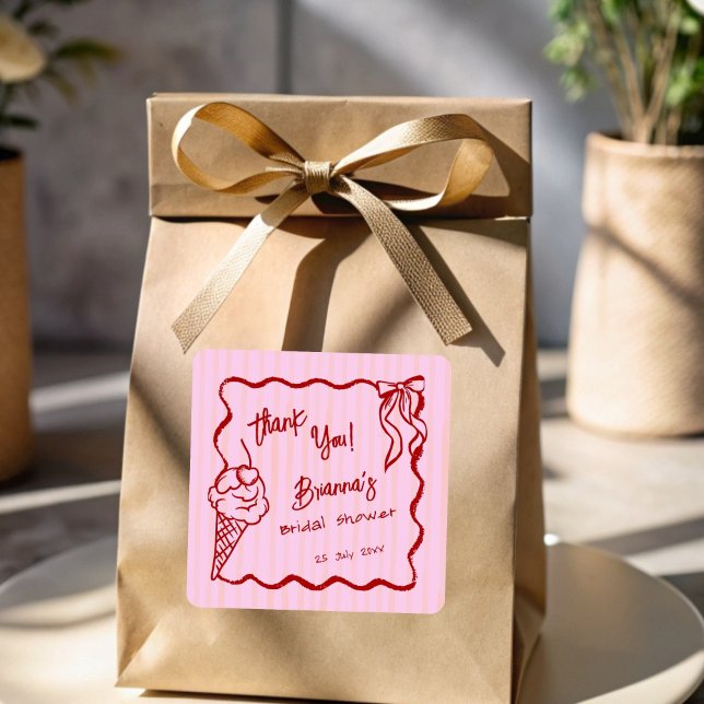 She's been scooped up icecream bridal shower favor square sticker (She's been scooped up ice cream bridal shower personalized favor sticker)