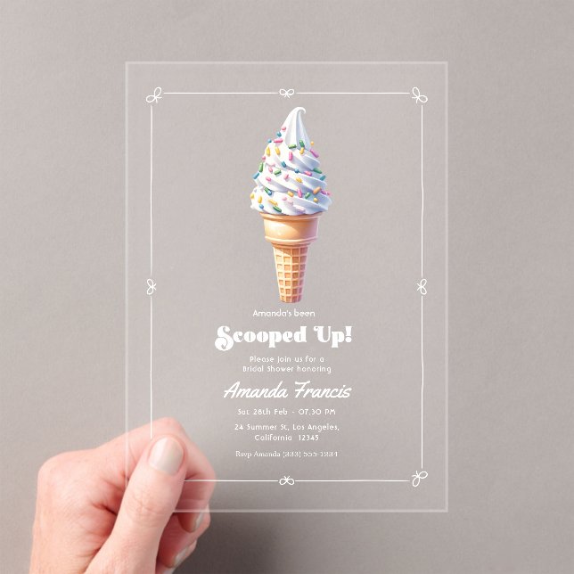 She's Been Scooped Up! Minimalist Bridal Shower Acrylic Invitations (Insitu (Handheld))
