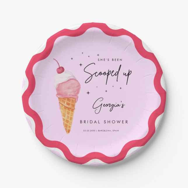 She's Been Scooped Up Pink Red Retro Bridal Shower Paper Plates (Front)
