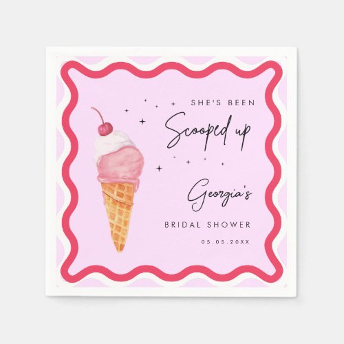 Shes Been Scooped Up Pink Red Wavy Bridal Shower Napkins