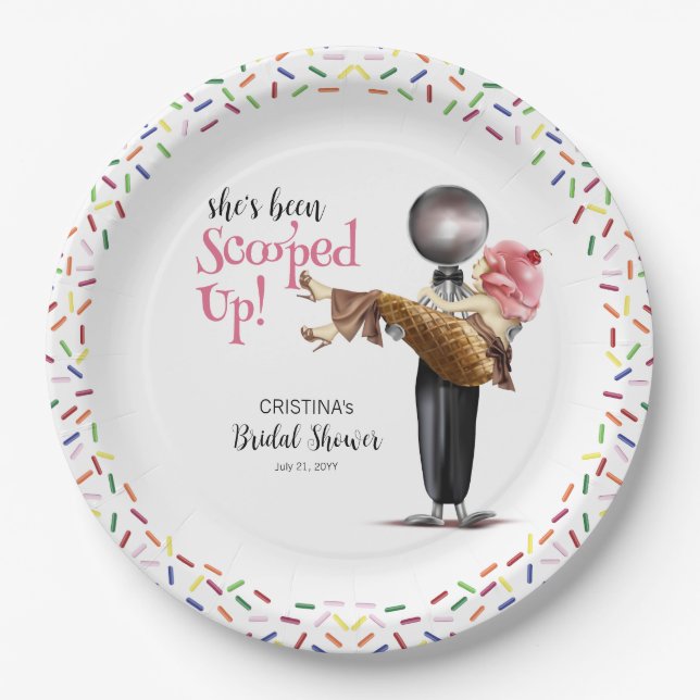 She's Been Scooped Up Strawberry Ice cream Bridal Paper Plates (Front)