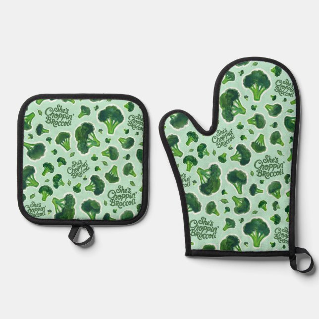 She's Choppin' Broccoli Gen X Humor Novelty Oven Mitt & Pot Holder Set (Front)