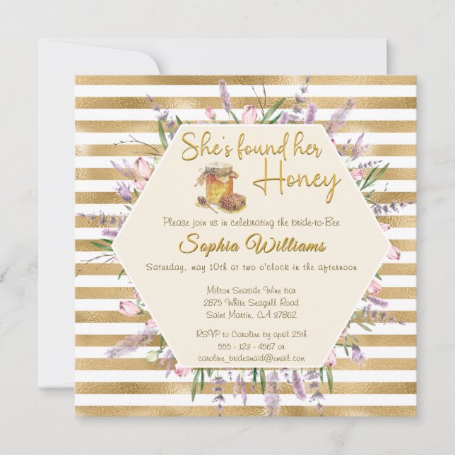 She's found her honey gold stripes bridal shower invitation (Front)