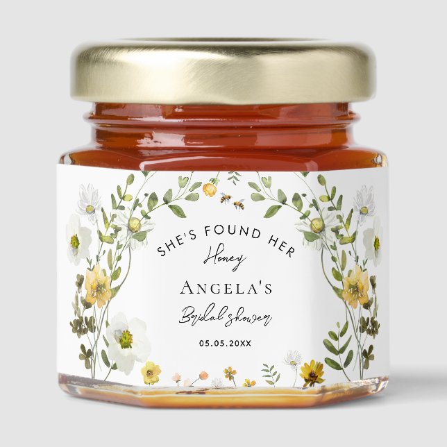 She's Found Her Honey Yellow Floral Bridal Shower Honey Jar Favors (Front)