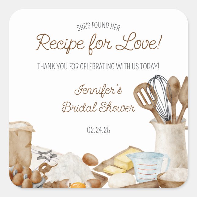 She's Found her Recipe for Love! Bridal Shower Square Sticker (Front)