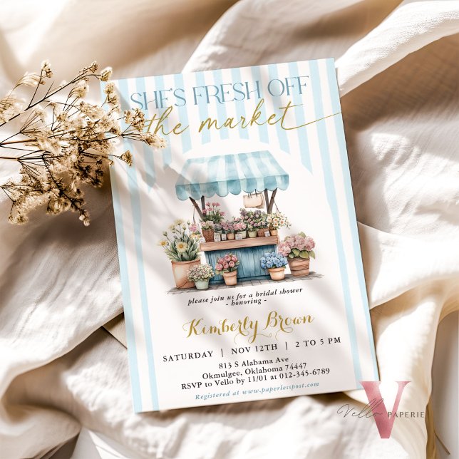 She's Fresh Off the Market Blue Bridal Shower Invitation (Creator Uploaded)