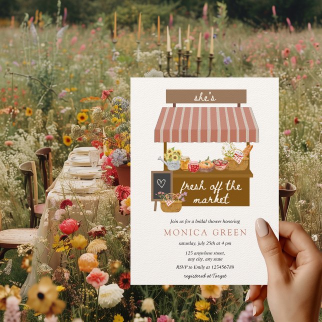 She's fresh off the market Cute Bridal Shower Invitation (Off the Market Aesthetic Bridal Shower Theme Farmer's Market Rustic Boho Hand-drawn Unique)