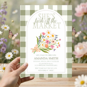 She's Fresh Off the Market Floral Sage Gingham Invitation