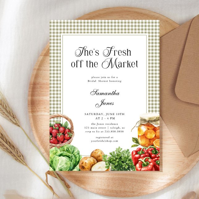 She's Fresh Off The Market Gingham Bridal Shower Invitation (Creator Uploaded)