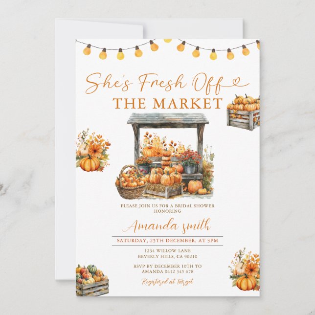 She's Fresh off The Market Pumpkin Bridal Shower Invitation (Front)