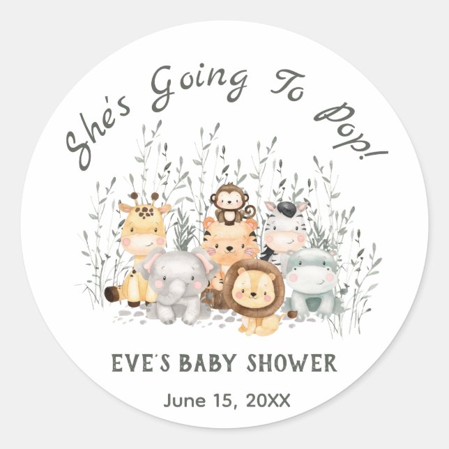 She's Going To Pop Safari Animals Baby Shower Classic Round Sticker (Front)