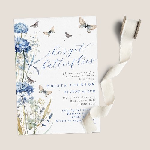 Shes Got Butterflies Blue Hydrangea Bridal Shower Invitation